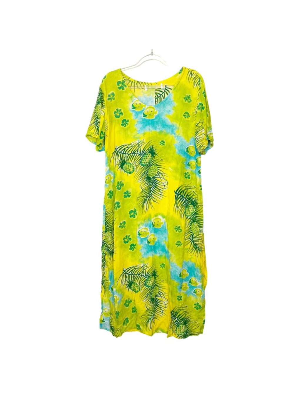 Vintage Tropical Pineapple Fish Short Sleeve Rayon Maxi Dress Large XL Ocean